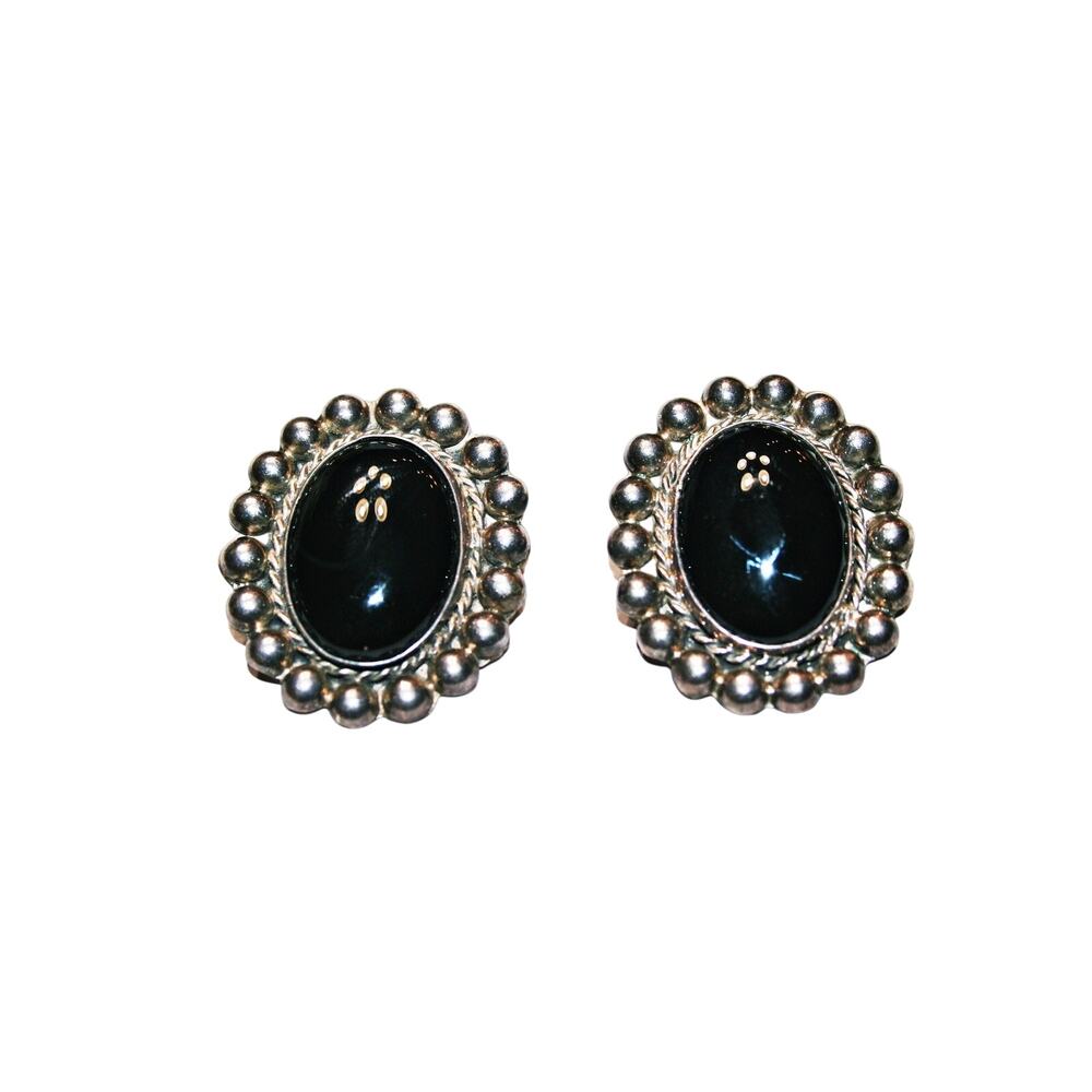 Big Vintage Handmade Taxco Artisan Sterling Silver Onyx Clip on Earrings